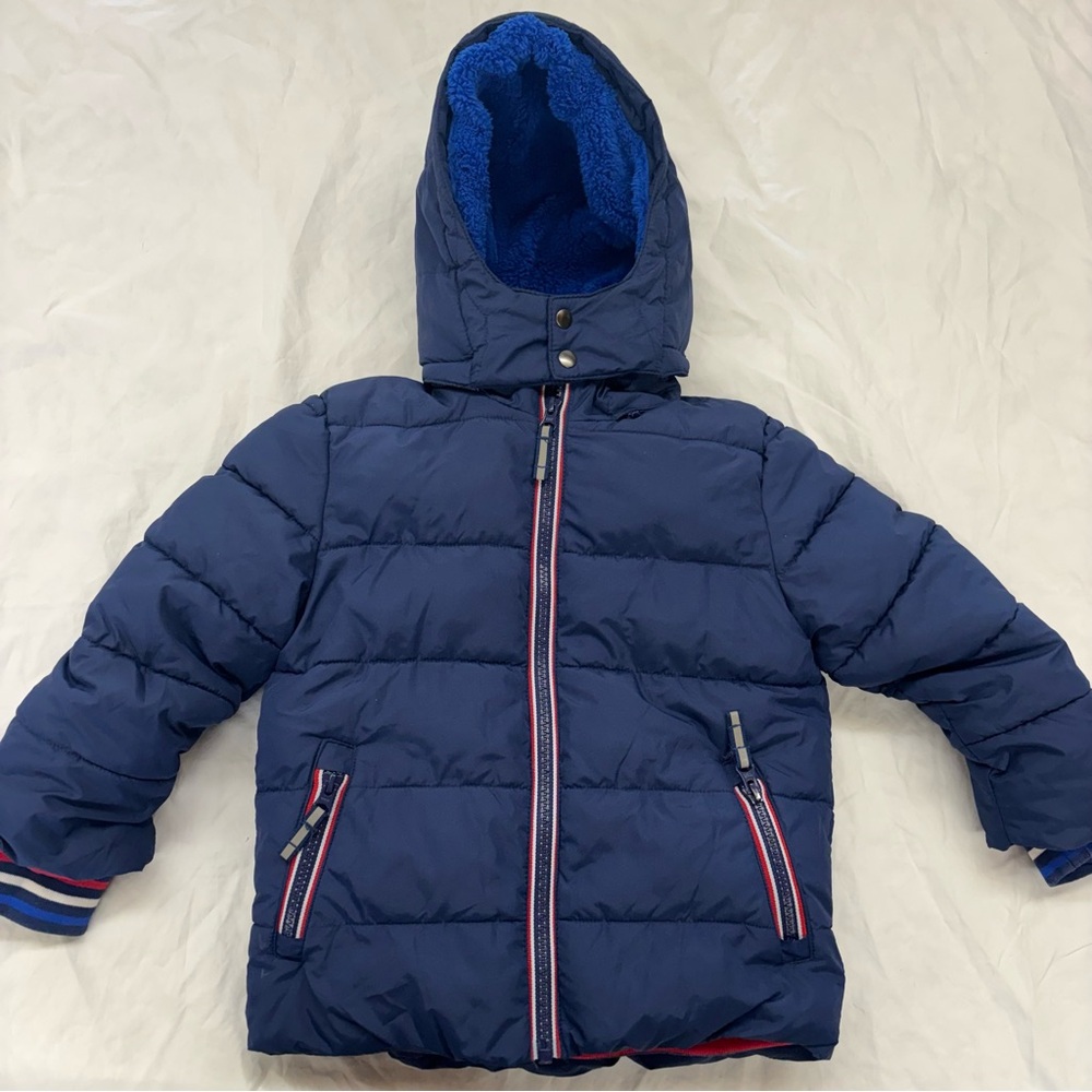 Mini Boden Hooded Puffer Jacket Sz 4-5 Navy Blue Red Sherpa‎ Zippered Pockets